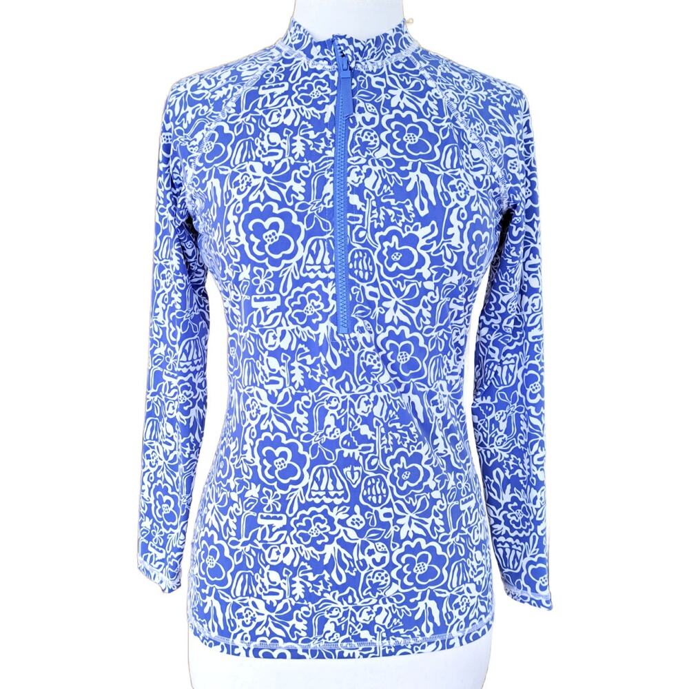 J McLaughlin Mckenzie Rash Guard In Blue White Modern Floral Print Medium Swim